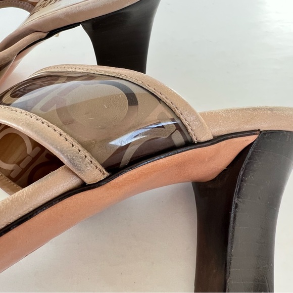 SALVATORE FERRAGAMO Brown Beige Clear Straps Slides Slip On Heels Sandals Sz 7 - Picture 13 of 16